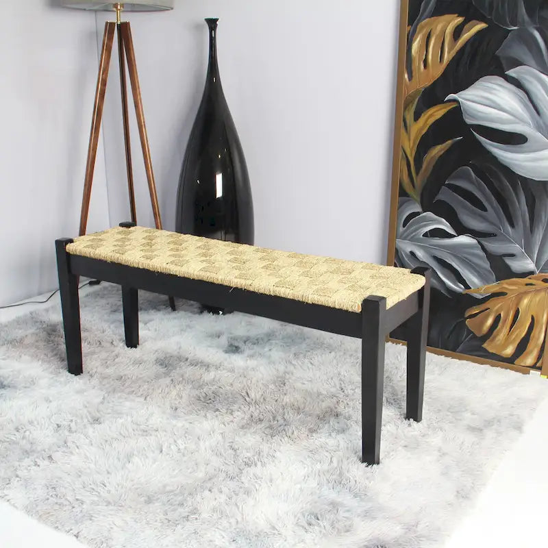 Banc d'intérieur 117 cm en bois massif et jonc de mer naturel, avec pieds fuselés