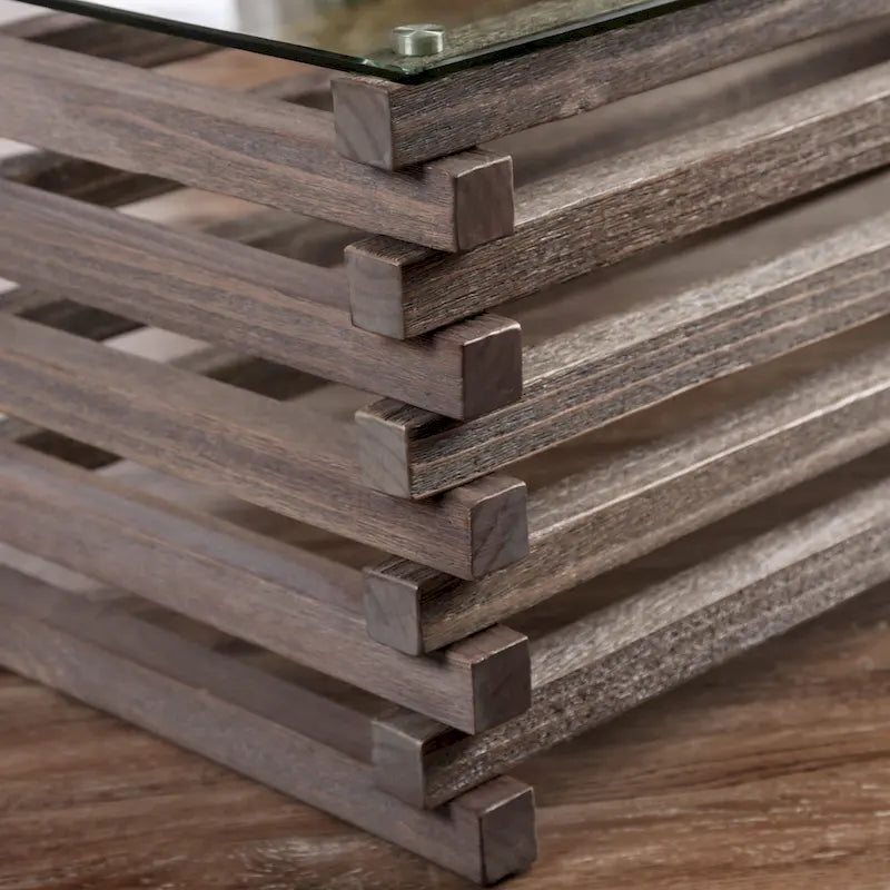 Table basse contemporaine en bois massif gris de 122 cm avec plateau en verre trempé
