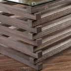 Table basse contemporaine en bois massif gris de 122 cm avec plateau en verre trempé