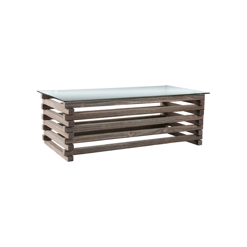 Table basse contemporaine en bois massif gris de 122 cm avec plateau en verre trempé