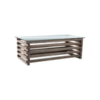 Table basse contemporaine en bois massif gris de 122 cm avec plateau en verre trempé