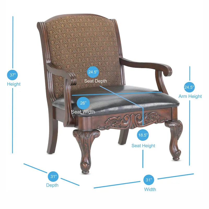 Fauteuil d'appoint traditionnel en noyer sculpté avec assise en similicuir