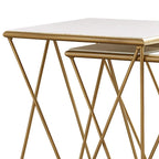 Tables gigognes 2 pièces en marbre blanc avec piètement géométrique doré