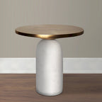 Table d'appoint ronde moderne de 17 pouces en laiton avec base cylindrique en marbre, laiton, blanc
