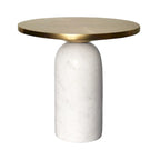 Table d'appoint ronde moderne de 17 pouces en laiton avec base cylindrique en marbre, laiton, blanc