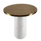 Table d'appoint ronde moderne de 17 pouces en laiton avec base cylindrique en marbre, laiton, blanc