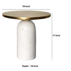 Table d'appoint ronde moderne de 17 pouces en laiton avec base cylindrique en marbre, laiton, blanc