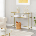 Console dorée avec plateau en verre trempé, cadre en métal et 2 étagères - 100L x 35l x 80H cm
