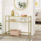 Console dorée avec plateau en verre trempé, cadre en métal et 2 étagères - 100L x 35l x 80H cm