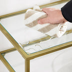 Console dorée avec plateau en verre trempé, cadre en métal et 2 étagères - 100L x 35l x 80H cm