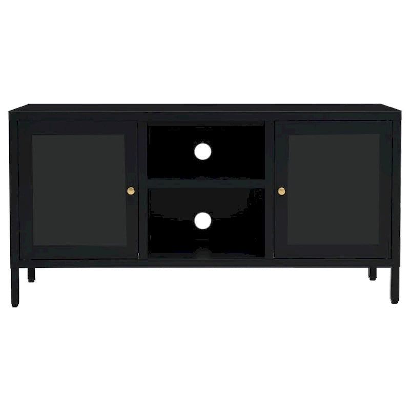 Meuble TV en acier noir et verre – 105 cm (L) x 35 cm (P) x 52 cm (H)