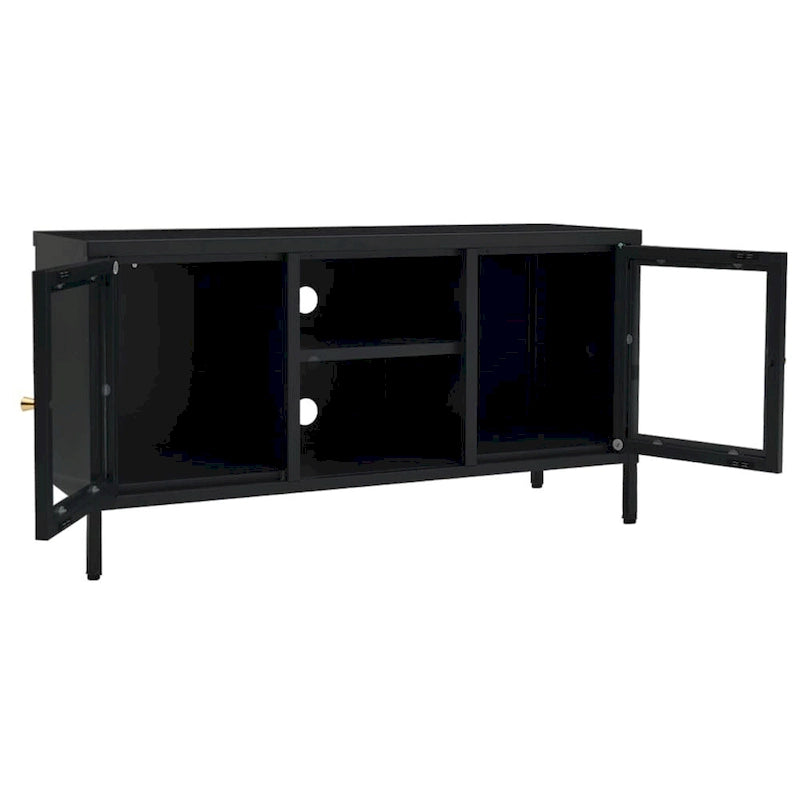 Meuble TV en acier noir et verre – 105 cm (L) x 35 cm (P) x 52 cm (H)