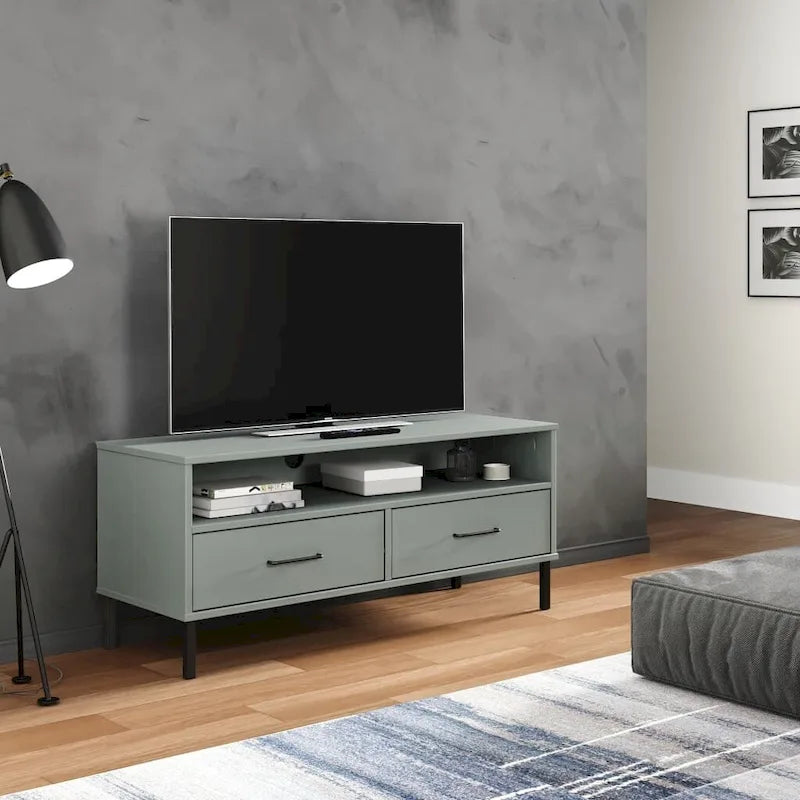 Meuble TV en pin massif avec pieds en métal – 106 cm (L) x 40 cm (P) x 46,5 cm (H)