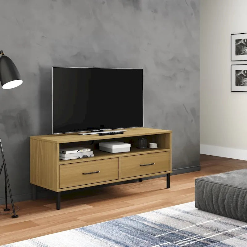 Meuble TV en pin massif avec pieds en métal – 106 cm (L) x 40 cm (P) x 46,5 cm (H)
