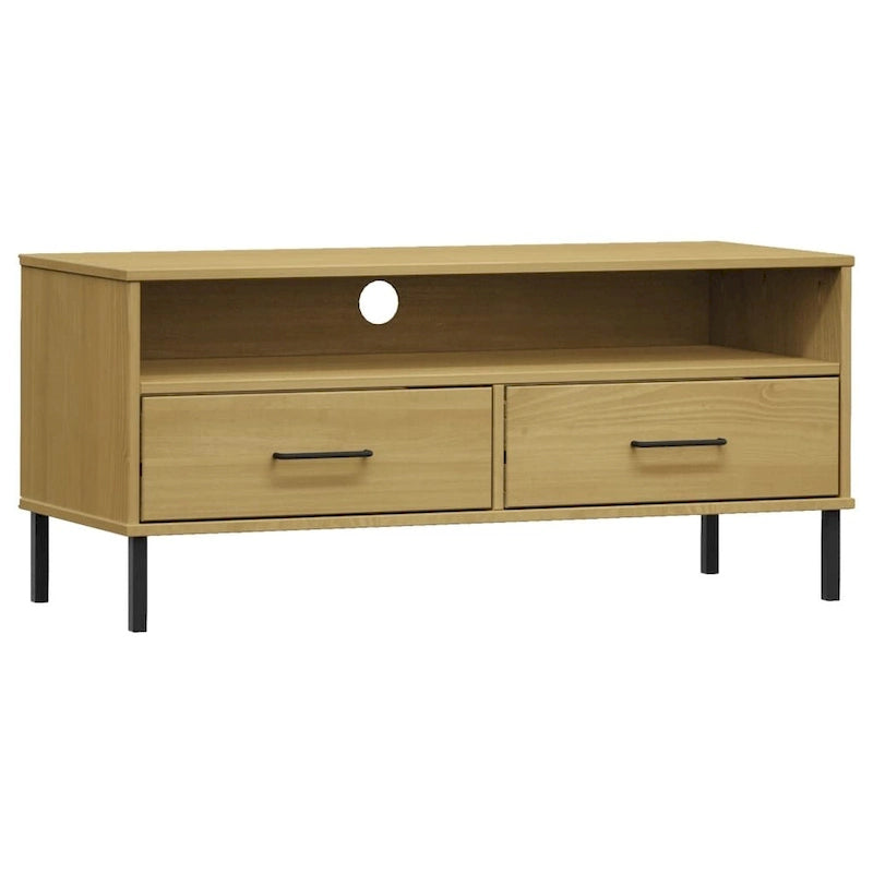Meuble TV en pin massif avec pieds en métal – 106 cm (L) x 40 cm (P) x 46,5 cm (H)