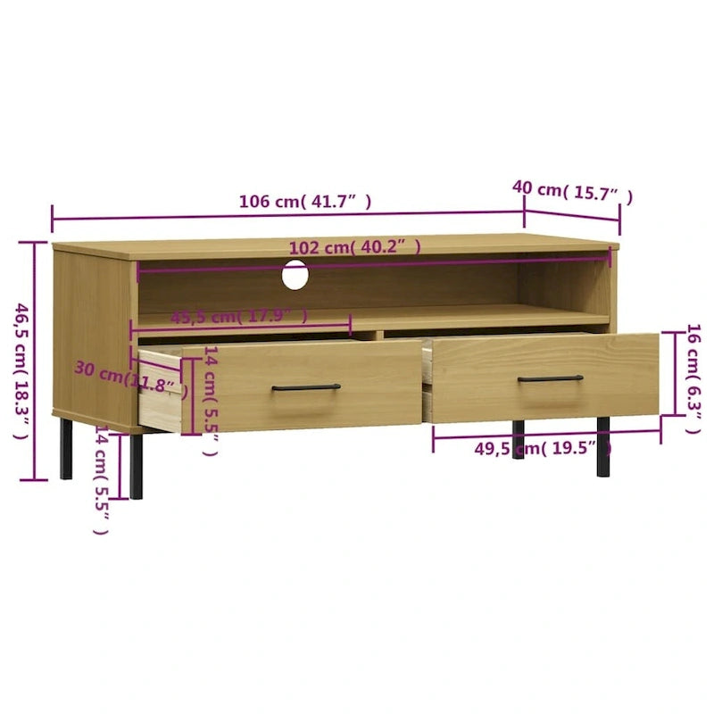 Meuble TV en pin massif avec pieds en métal – 106 cm (L) x 40 cm (P) x 46,5 cm (H)
