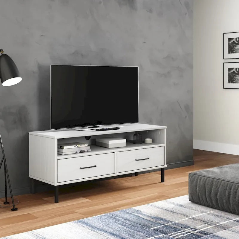Meuble TV en pin massif avec pieds en métal – 106 cm (L) x 40 cm (P) x 46,5 cm (H)