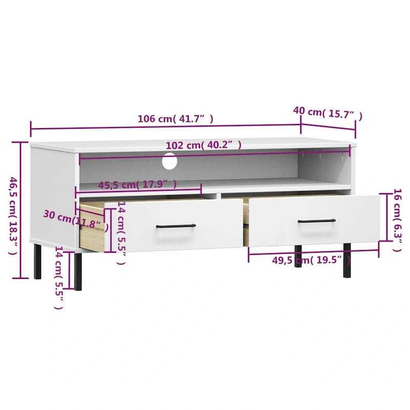 Meuble TV en pin massif avec pieds en métal – 106 cm (L) x 40 cm (P) x 46,5 cm (H)