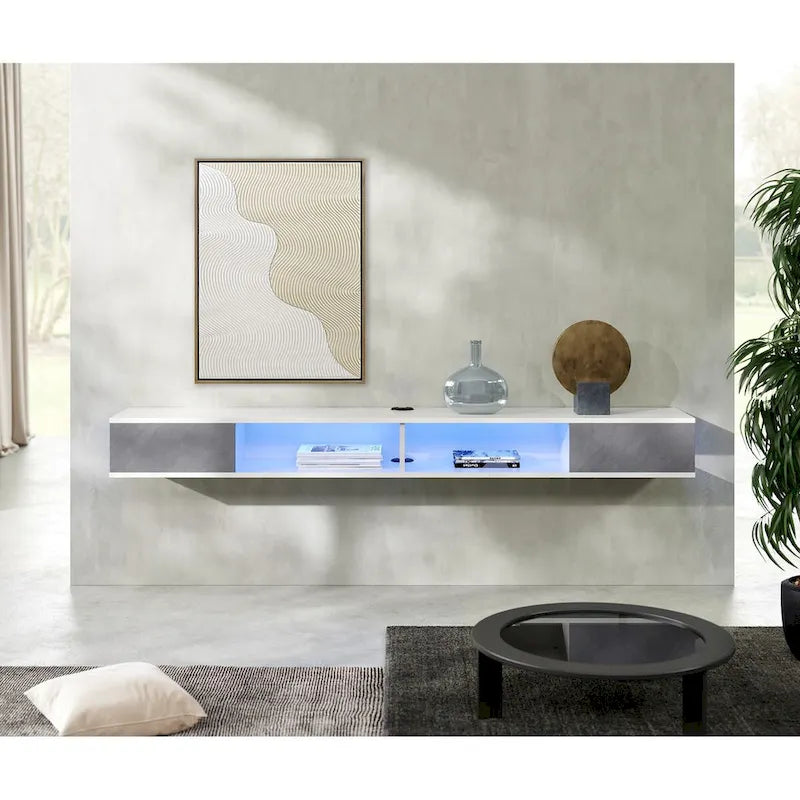 Meuble TV flottant mural 70" avec lumières LED, blanc et gris, installation par 1 personne