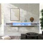 Meuble TV flottant mural 70" avec lumières LED, blanc et gris, installation par 1 personne