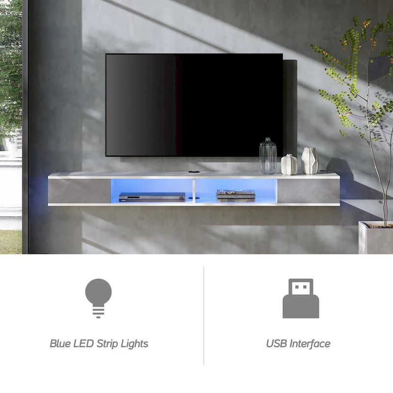 Meuble TV flottant mural 70" avec lumières LED, blanc et gris, installation par 1 personne