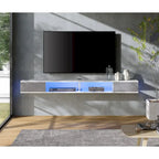 Meuble TV flottant mural 70" avec lumières LED, blanc et gris, installation par 1 personne