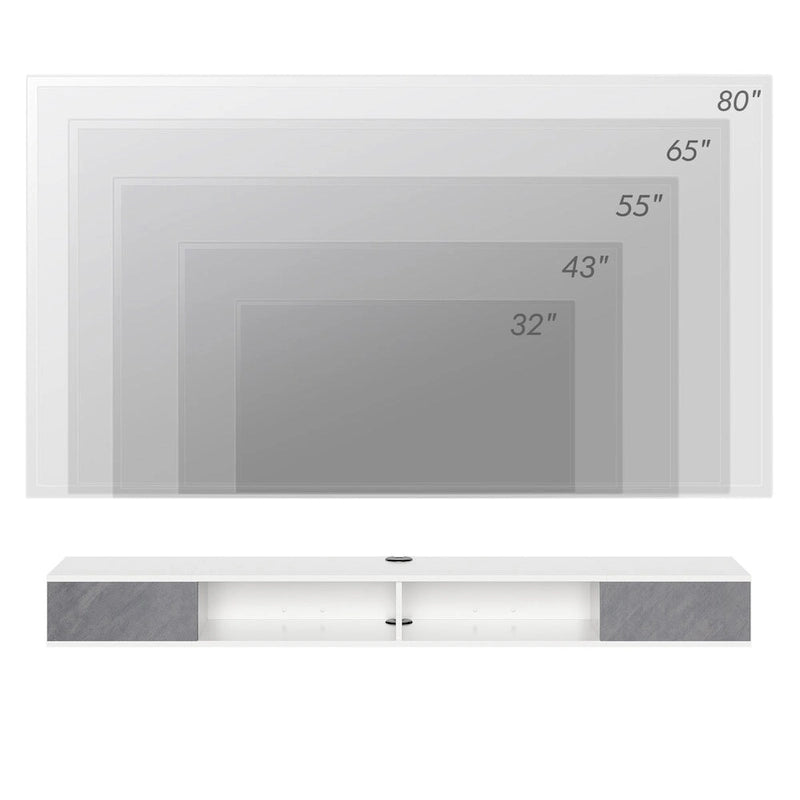 Meuble TV flottant mural 70" avec lumières LED, blanc et gris, installation par 1 personne