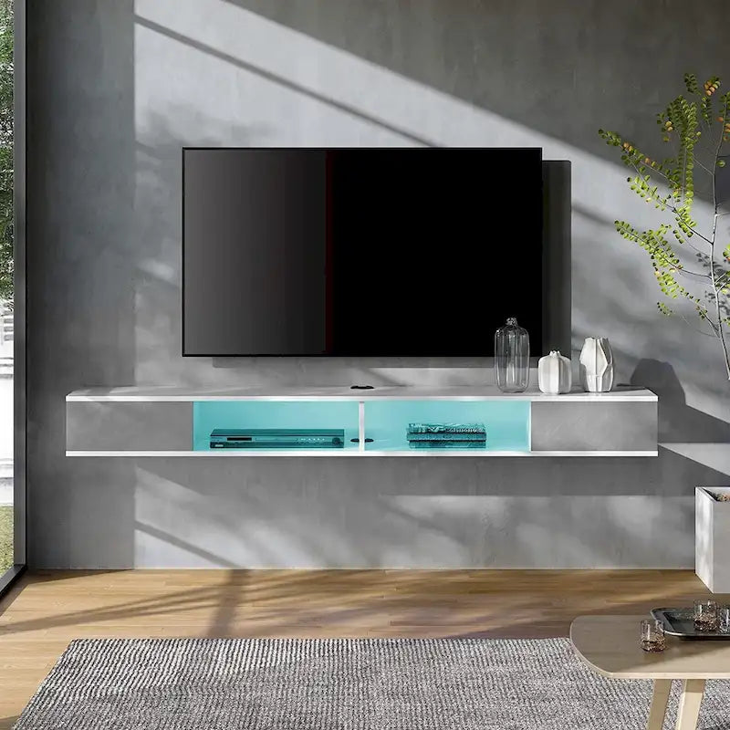 Meuble TV flottant mural 70" avec lumières LED, blanc et gris, installation par 1 personne