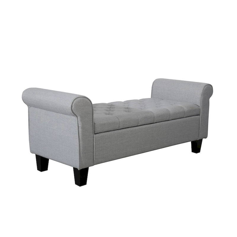 Banc de rangement capitonné en tissu avec accoudoirs et couvercle relevable
