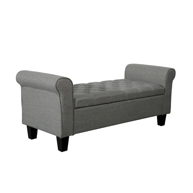 Banc de rangement capitonné en tissu avec accoudoirs et couvercle relevable