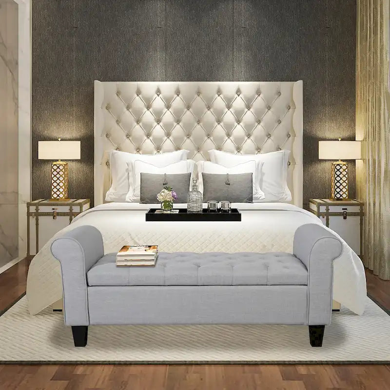 Banc de rangement capitonné en tissu avec accoudoirs et couvercle relevable