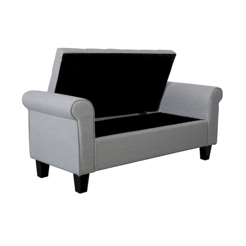 Banc de rangement capitonné en tissu avec accoudoirs et couvercle relevable