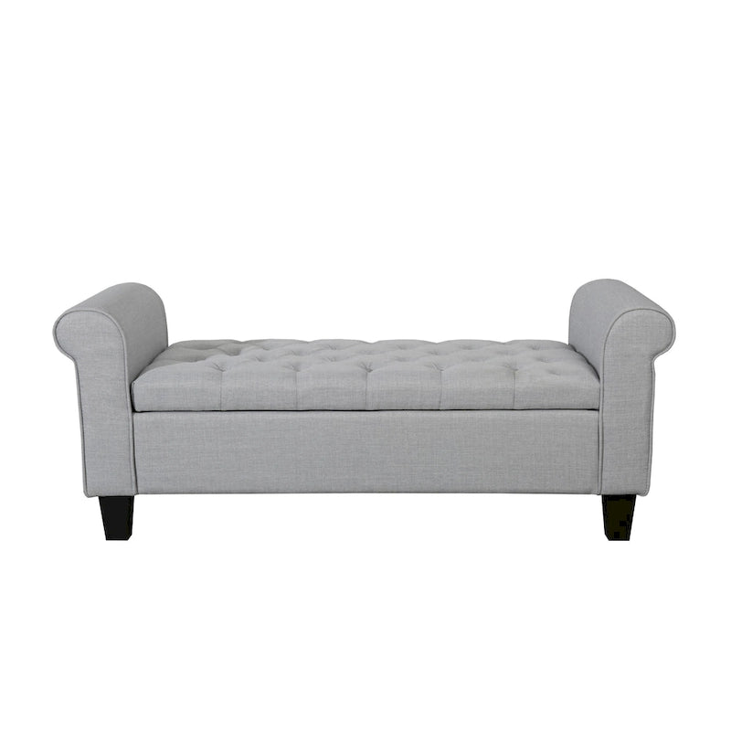 Banc de rangement capitonné en tissu avec accoudoirs et couvercle relevable