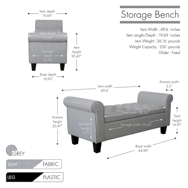 Banc de rangement capitonné en tissu avec accoudoirs et couvercle relevable