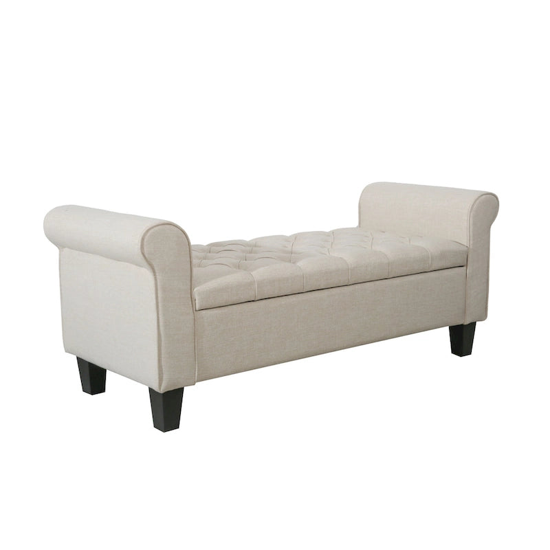 Banc de rangement capitonné en tissu avec accoudoirs et couvercle relevable