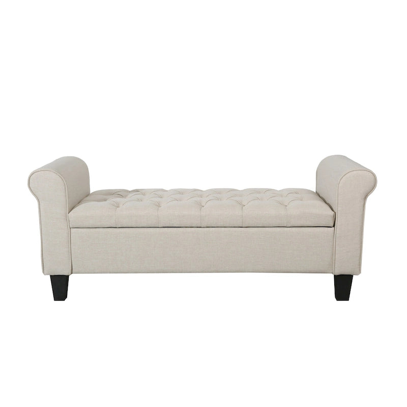 Banc de rangement capitonné en tissu avec accoudoirs et couvercle relevable