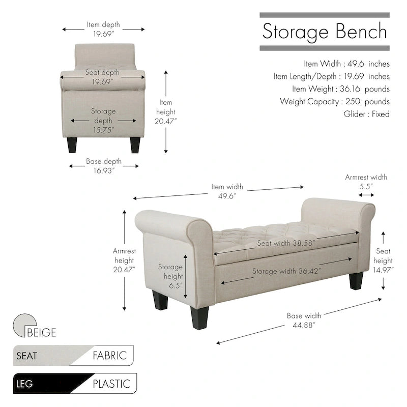 Banc de rangement capitonné en tissu avec accoudoirs et couvercle relevable