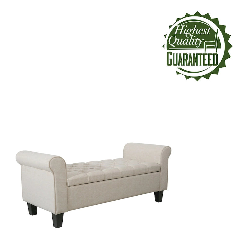 Banc de rangement capitonné en tissu avec accoudoirs et couvercle relevable