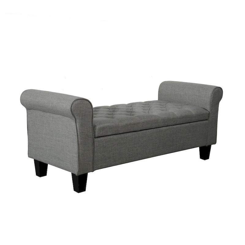 Banc de rangement capitonné en tissu avec accoudoirs et couvercle relevable