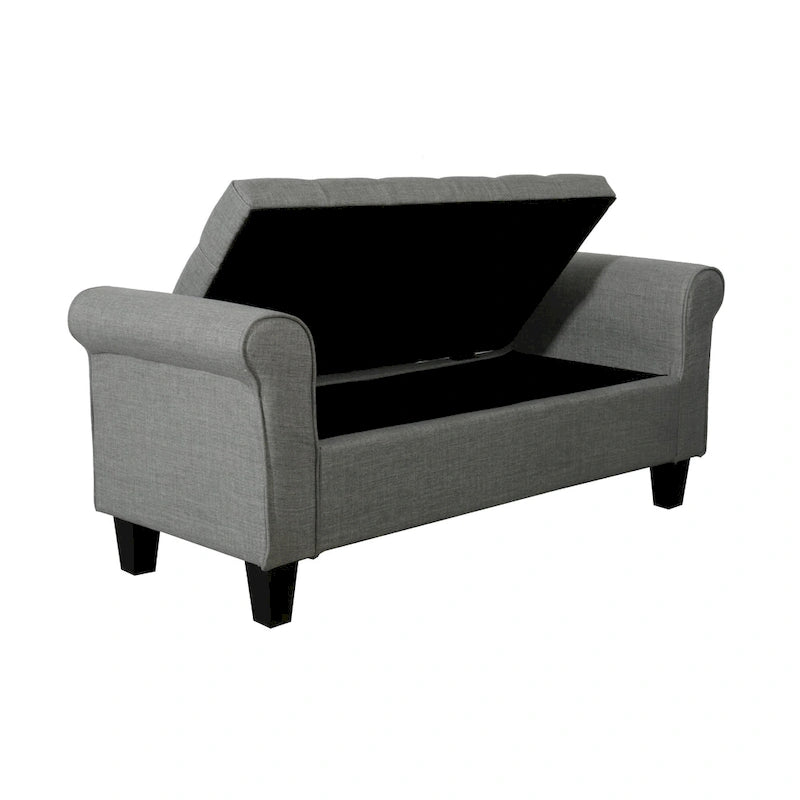 Banc de rangement capitonné en tissu avec accoudoirs et couvercle relevable
