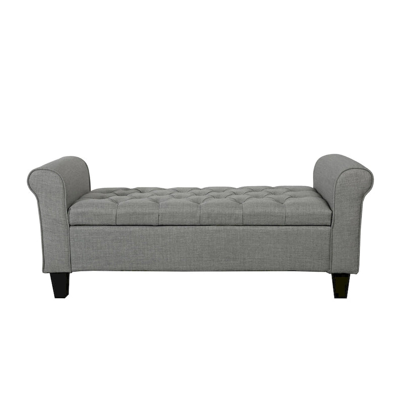 Banc de rangement capitonné en tissu avec accoudoirs et couvercle relevable