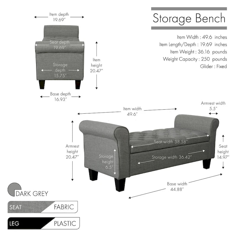 Banc de rangement capitonné en tissu avec accoudoirs et couvercle relevable