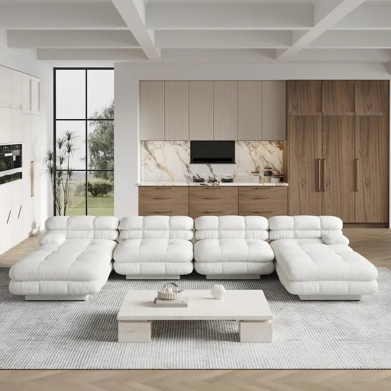 Canapé d'angle modulaire 6 places en forme de U de 3,71 m en velours Teddy avec méridiennes poufs
