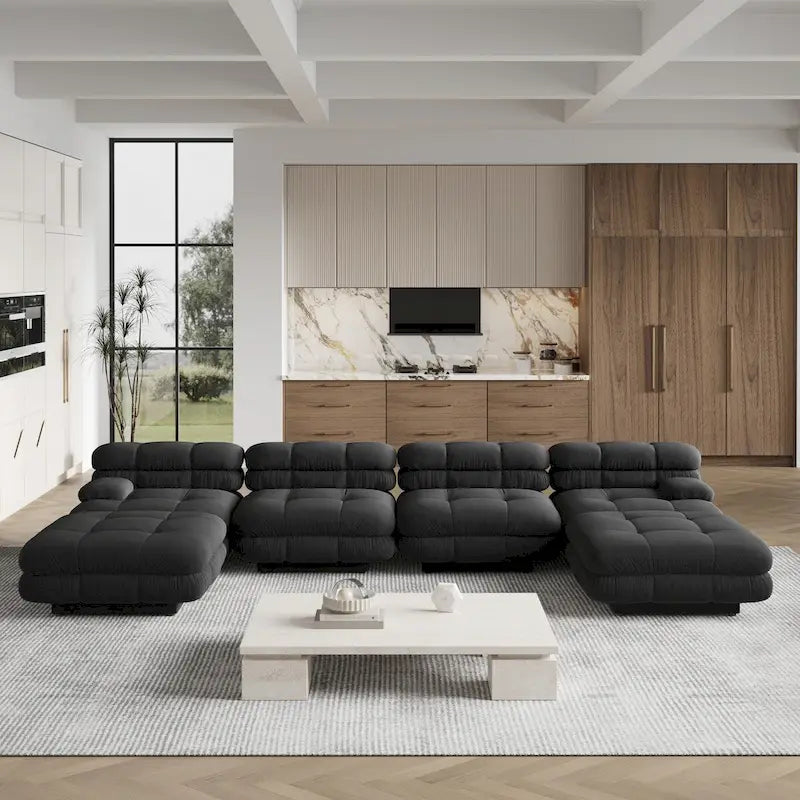 Canapé d'angle modulaire 6 places en forme de U de 3,71 m en velours Teddy avec méridiennes poufs