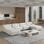 Canapé d'angle modulaire 6 places en forme de U de 3,71 m en velours Teddy avec méridiennes poufs
