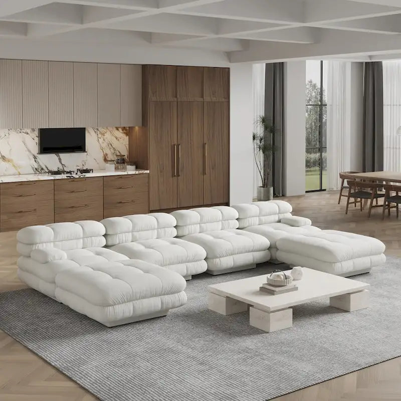 Canapé d'angle modulaire 6 places en forme de U de 3,71 m en velours Teddy avec méridiennes poufs