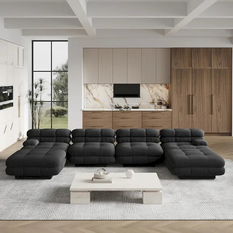 Canapé d'angle modulaire 6 places en forme de U de 3,71 m en velours Teddy avec méridiennes poufs