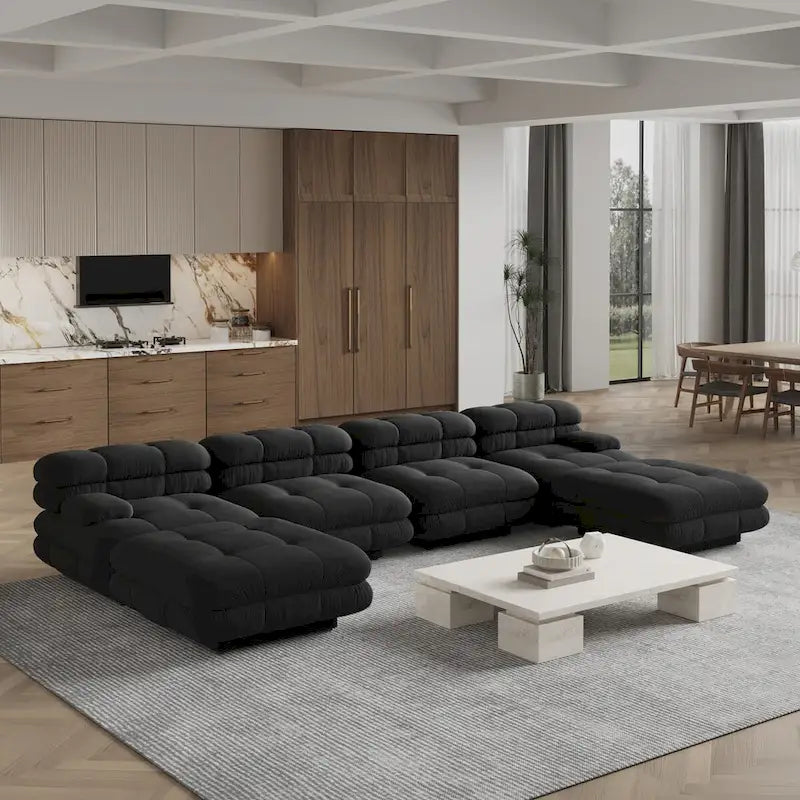 Canapé d'angle modulaire 6 places en forme de U de 3,71 m en velours Teddy avec méridiennes poufs
