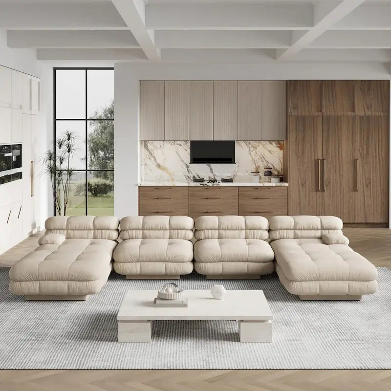 Canapé d'angle modulaire 6 places en forme de U de 3,71 m en velours Teddy avec méridiennes poufs