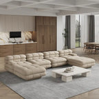 Canapé d'angle modulaire 6 places en forme de U de 3,71 m en velours Teddy avec méridiennes poufs